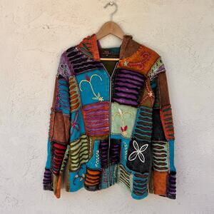 Rising International Patchwork Embroidered Boho Hoodie Jacket XXL
